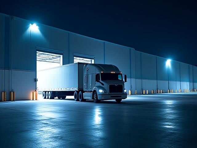 Bears Hauling truck arriving at a modern distribution center at twilight