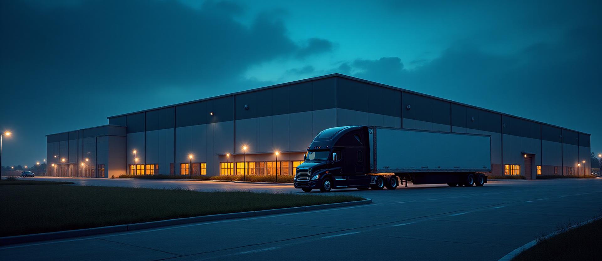 Large scale manufacturing facility with logistics trucks